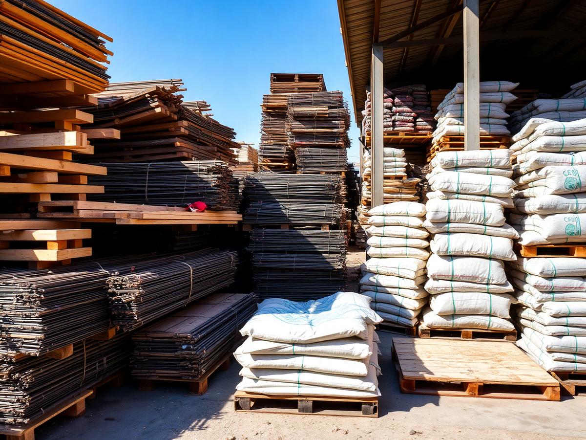 Stacked lumber, rebar bundles, and pallets of cement bags at a construction supply yard