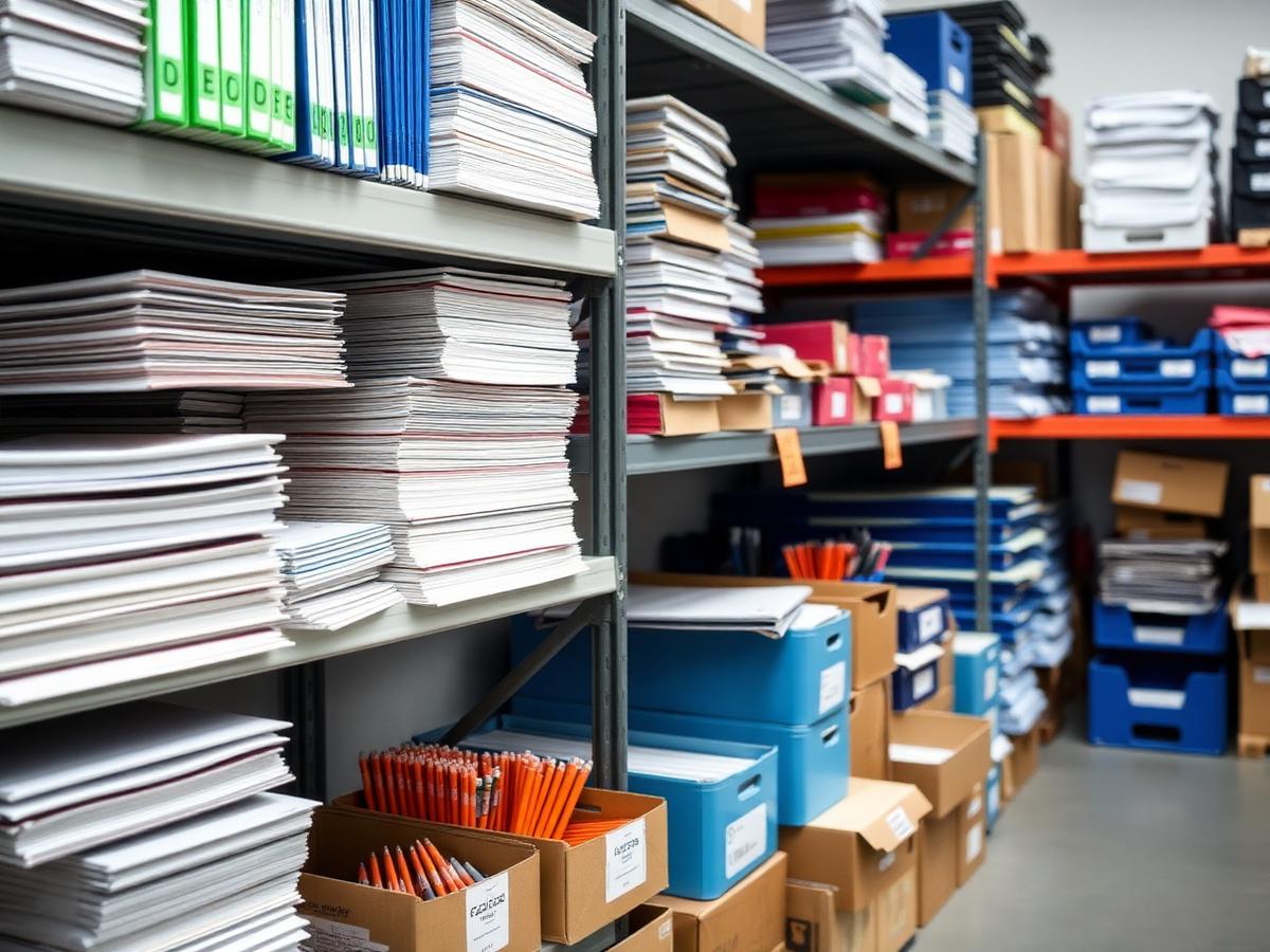 Shelves of bulk school and office supplies including paper, folders, pencils, and storage boxes