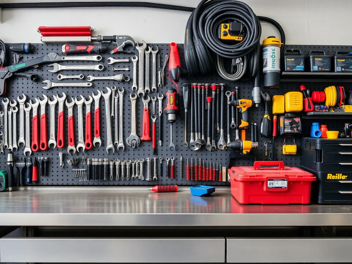 Hand tools, power tools, and maintenance supplies organized on a workshop pegboard