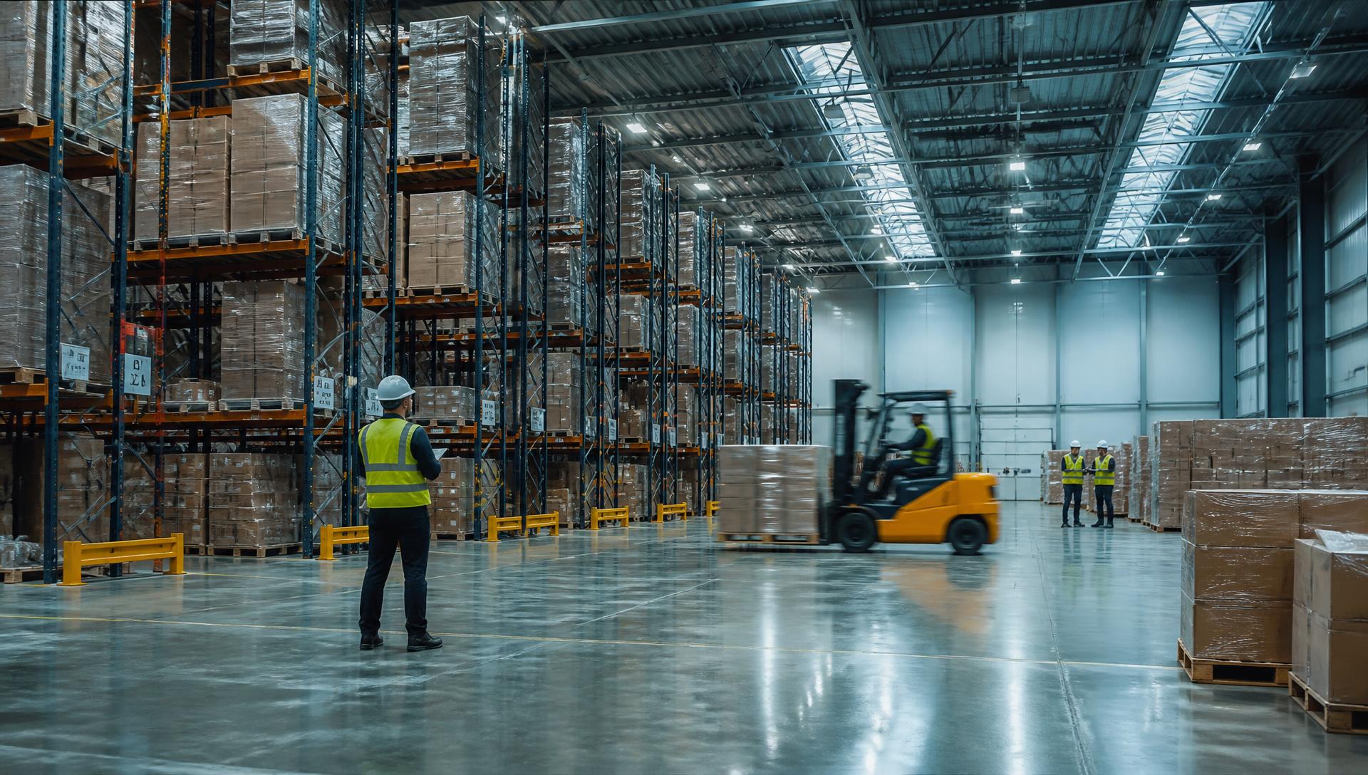 Interior of a wholesale distribution warehouse with racked inventory and material handling equipment