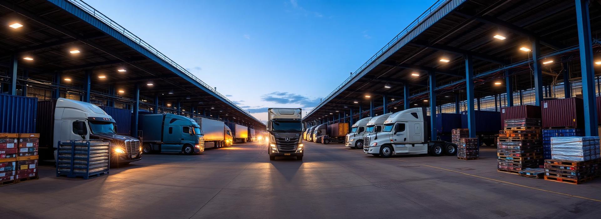 Freight trucks and palletized freight at warehouse loading docks at dusk